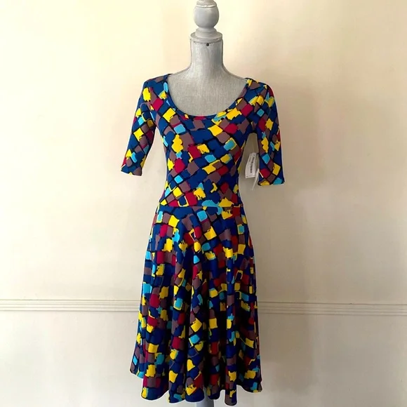 Lularoe Lularoe Colorful Geometric Fit & Flare Dress Xs | Sz: Xs | Color: Blue Red